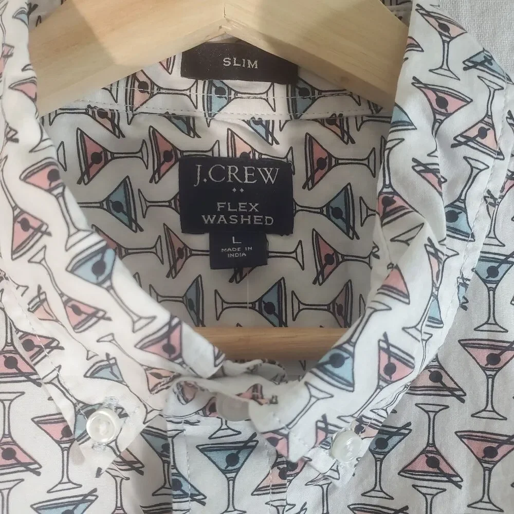 J Crew Martini Cocktail Slim Flex Washed Short Sleeve Fun Preppy Shirt men L - Picture 2 of 7